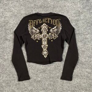 Affliction Womens Black Thermal Long Sleeve Cropped‎ Gothic Cross Graphic Top M
